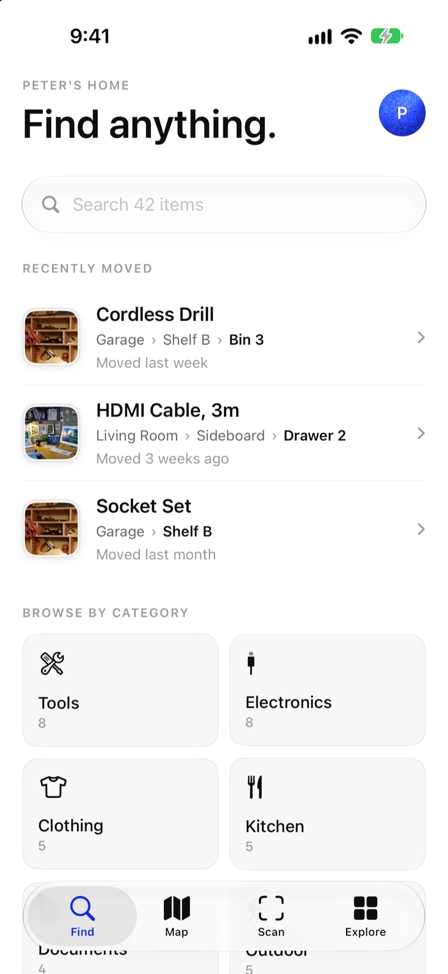 Findable search with recently moved items and their exact spots