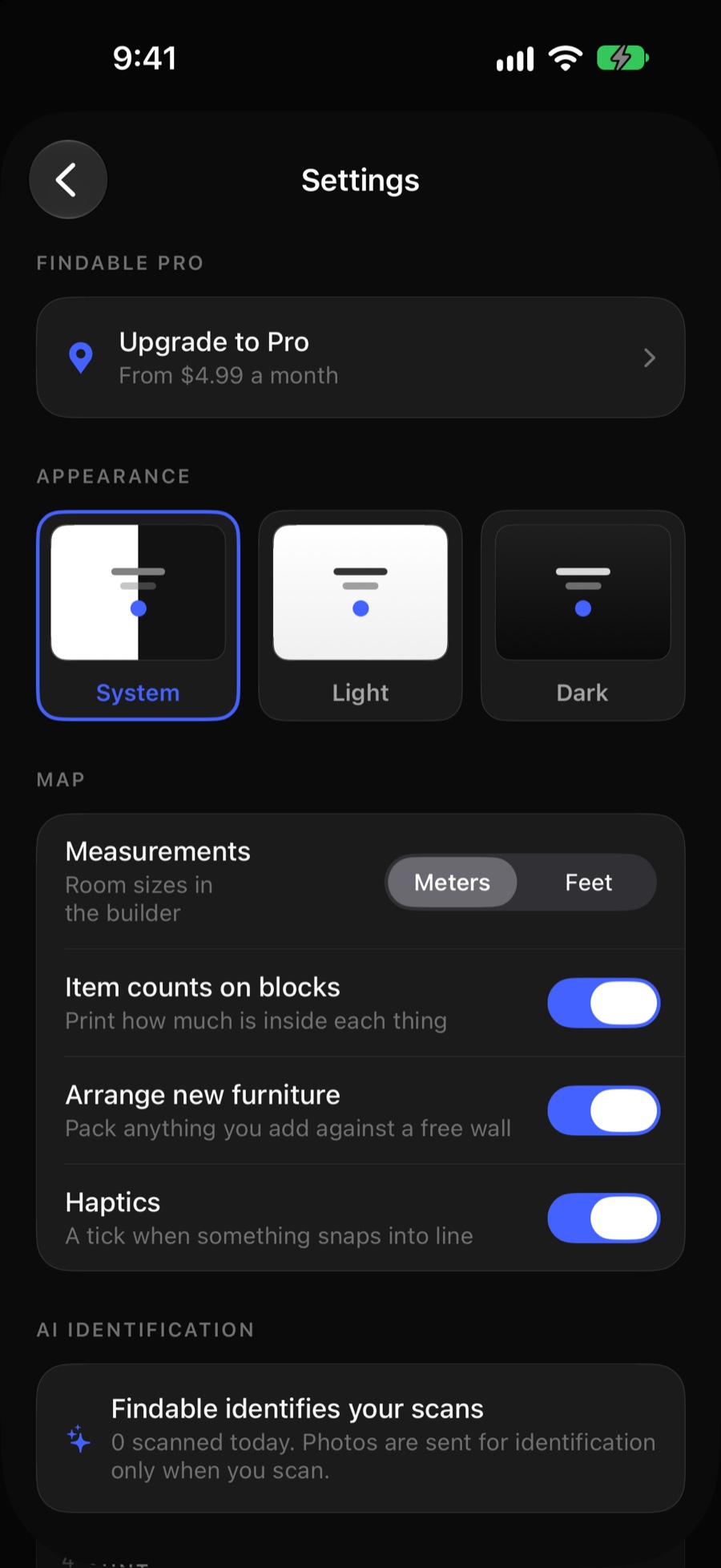 Findable settings in dark mode